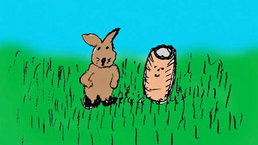 Hasengedicht von Jens Hoppe. Hase und Vase treffen sich auf einer Wiese